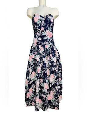 Absolutely McClintock Navy Strapless Sweetheart Floral Midi Dress - Pink Floral